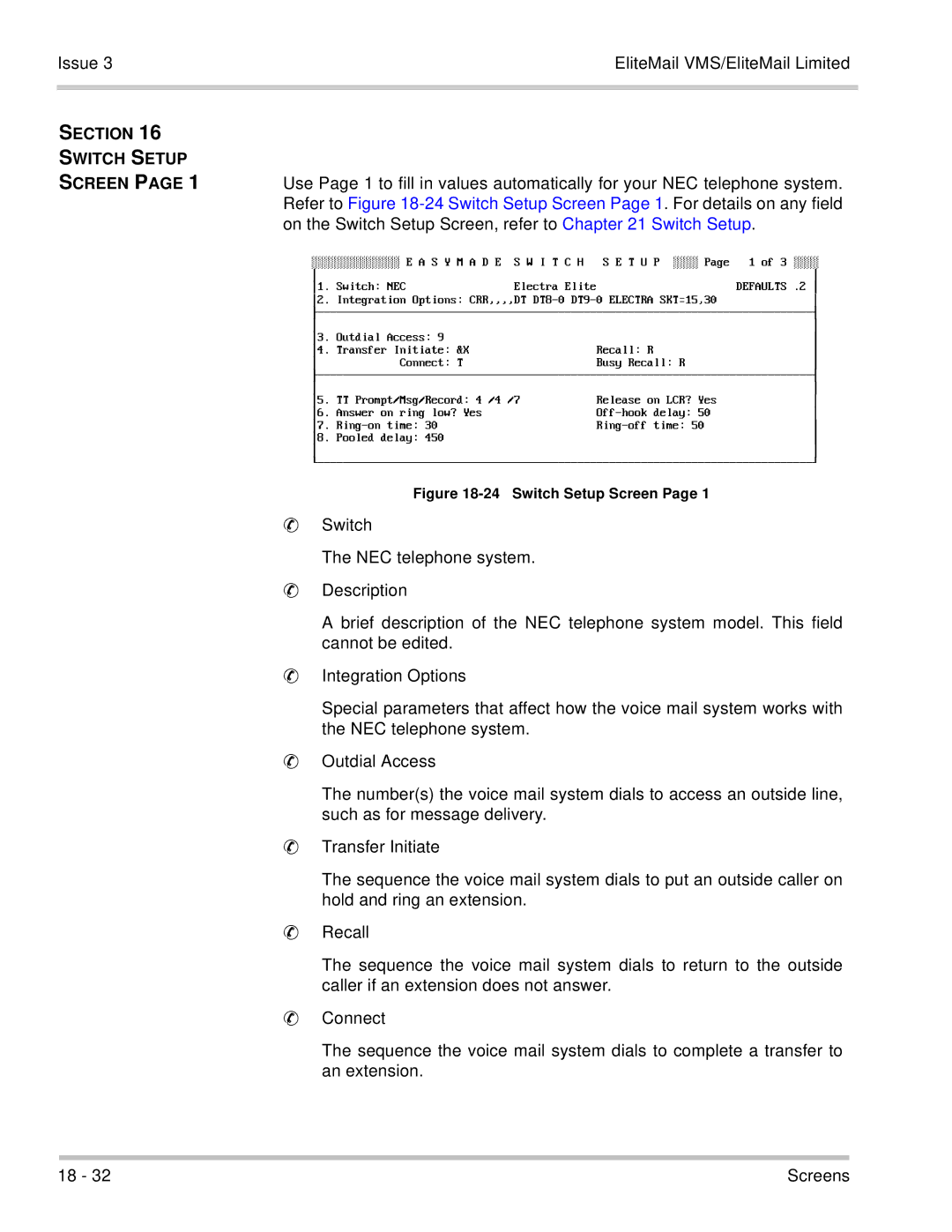 NEC 750370 manual Section Switch Setup Screen, Switch NEC telephone system Description, Integration Options, Outdial Access 