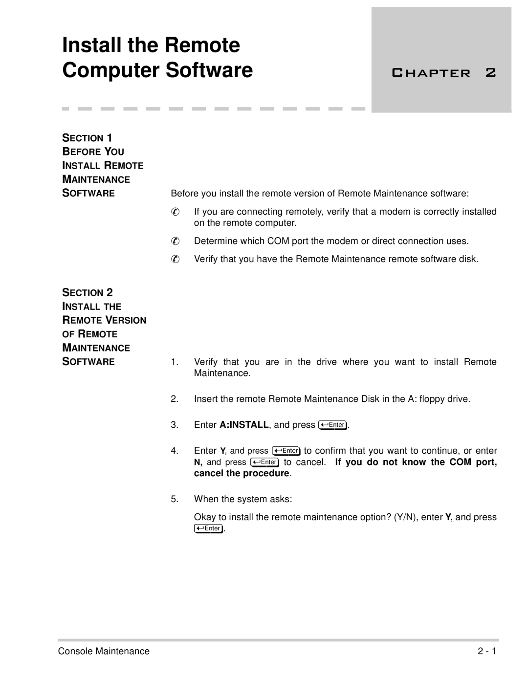 NEC 750370 Section Before YOU Install Remote Maintenance Software, Section Install Remote Version Maintenance Software 