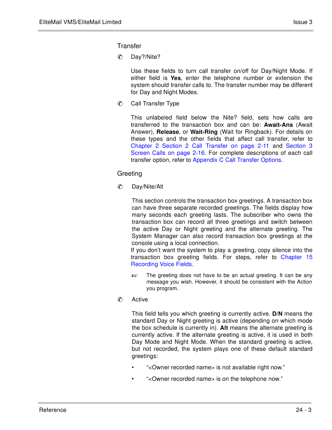 NEC 750370 manual Transfer, Greeting 