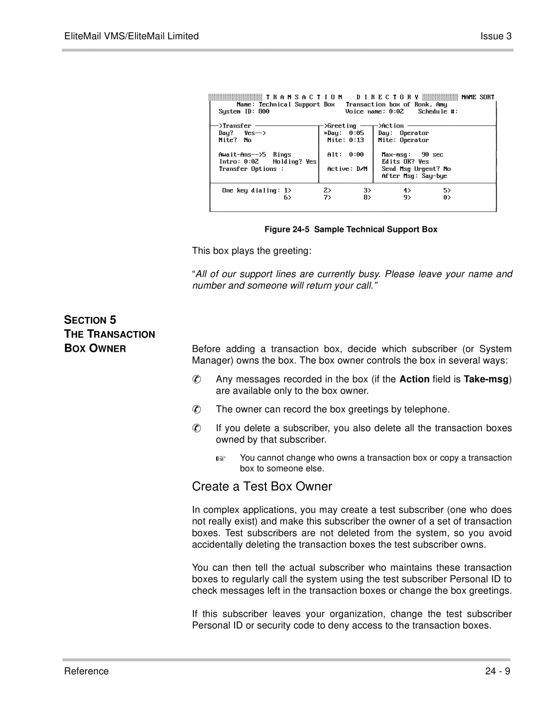 NEC 750370 manual Create a Test Box Owner, Section Transaction BOX Owner 