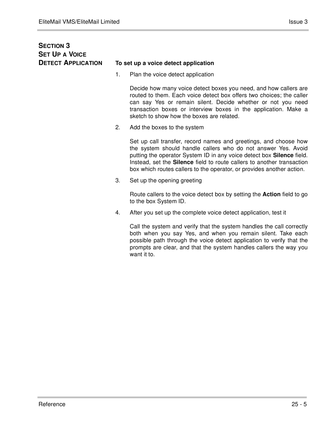 NEC 750370 manual Section SET UP a Voice, Detect Application To set up a voice detect application 