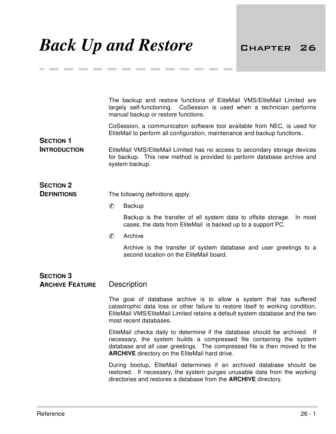 NEC 750370 manual Description, Introduction, Section Definitions, Archive Feature 