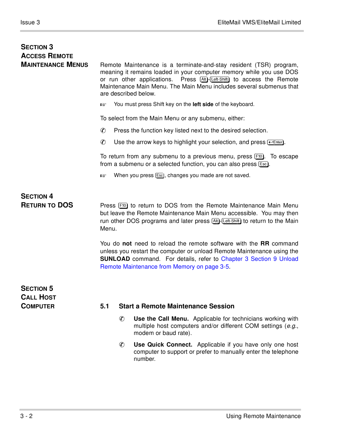 NEC 750370 manual Section Access Remote Maintenance Menus, Section Return to DOS, Remote Maintenance from Memory on 