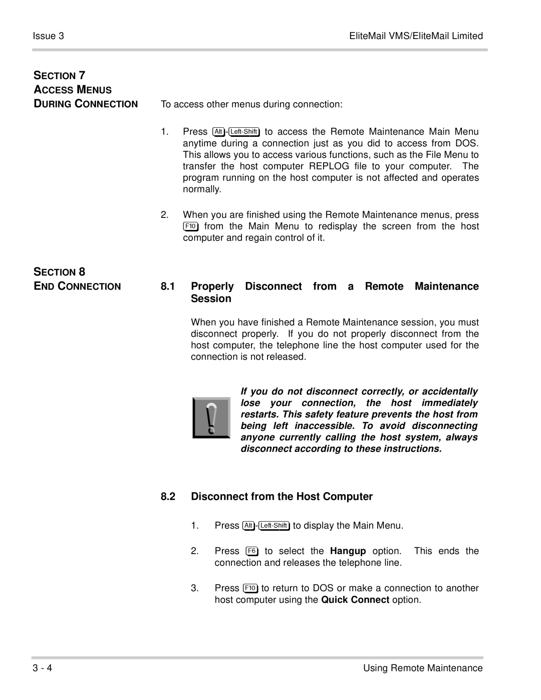 NEC 750370 manual Disconnect from the Host Computer, Section Access Menus 