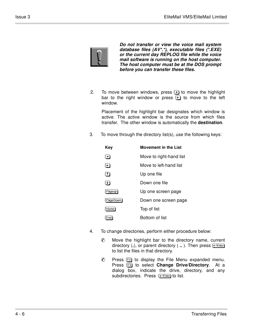 NEC 750370 manual Move to right-hand list, Move to left-hand list, Up one file, Down one file 