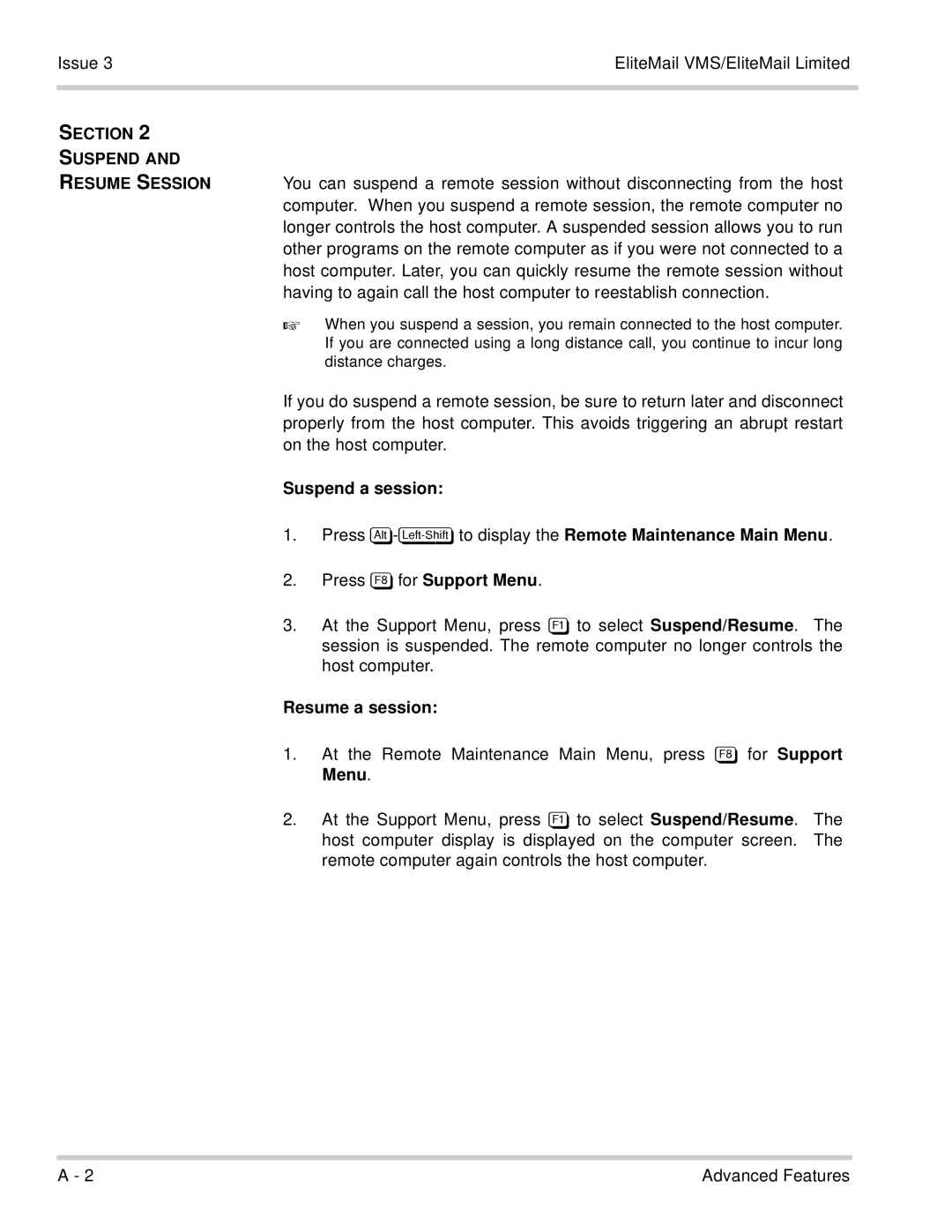 NEC 750370 manual Section Suspend, Resume a session 