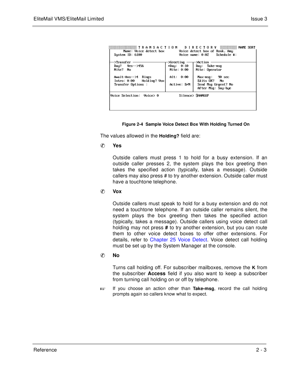 NEC 750370 manual Thevalues allowed in the Holding? field are, Yes, Vox 