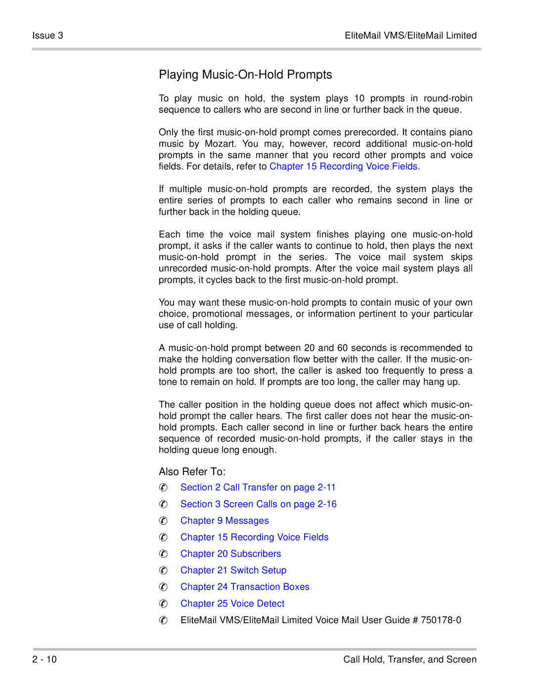 NEC 750370 manual Playing Music-On-Hold Prompts, Issue EliteMail VMS/EliteMail Limited 