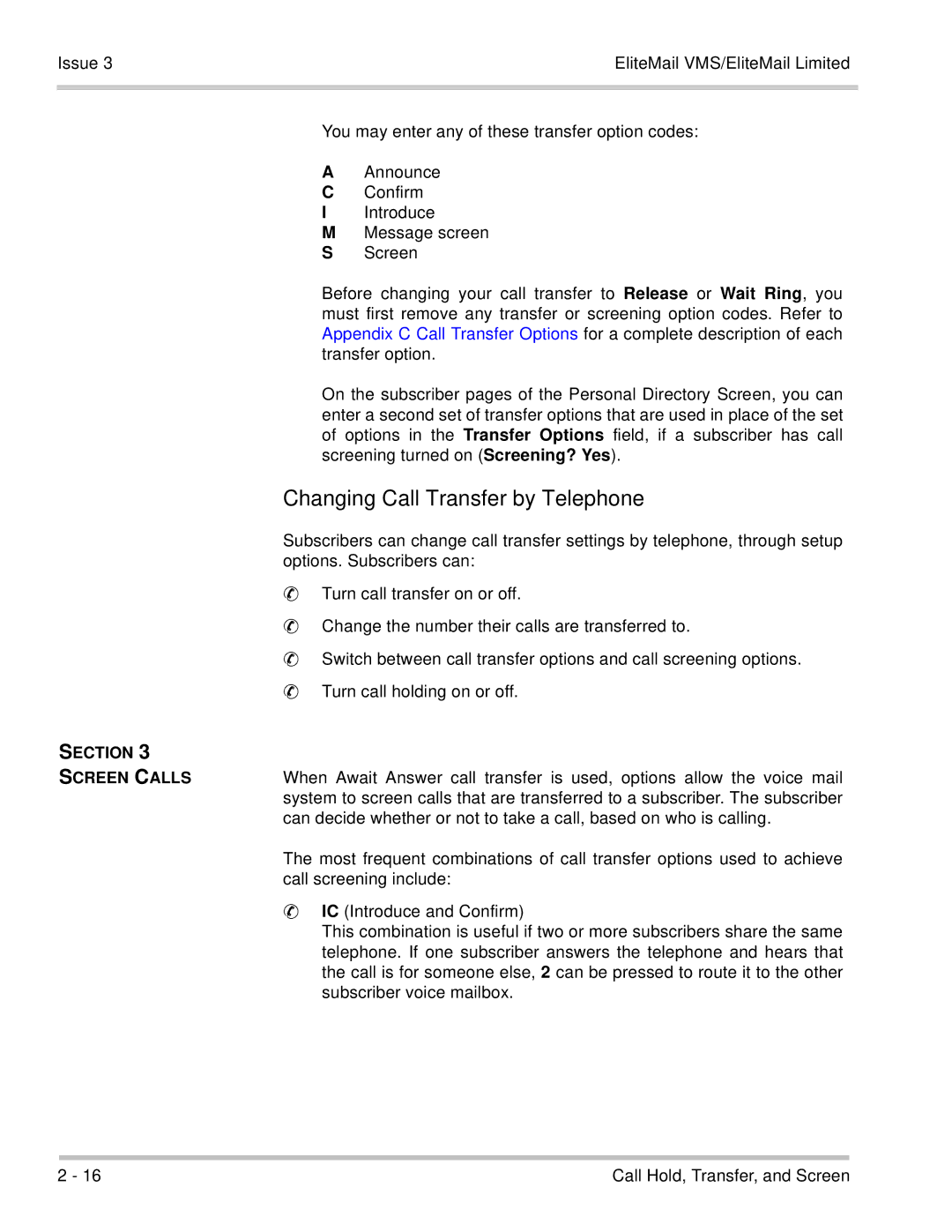 NEC 750370 Changing Call Transfer by Telephone, Section Screen Calls, Call screening include, IC Introduce and Confirm 