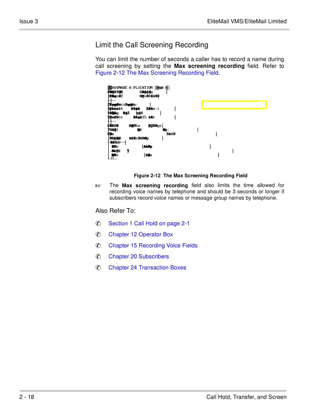 NEC 750370 Limit the Call Screening Recording, Recording Field, Call screening, Max screening recording field. Refer to 