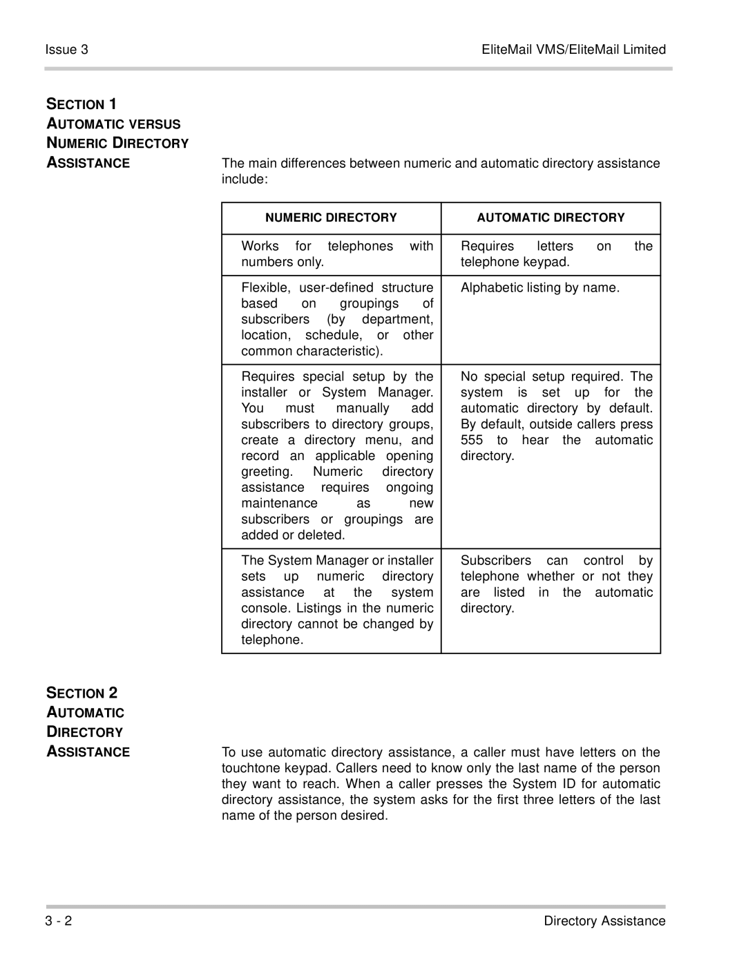 NEC 750370 manual Section Automatic Versus Numeric Directory, Section Automatic Directory Assistance 