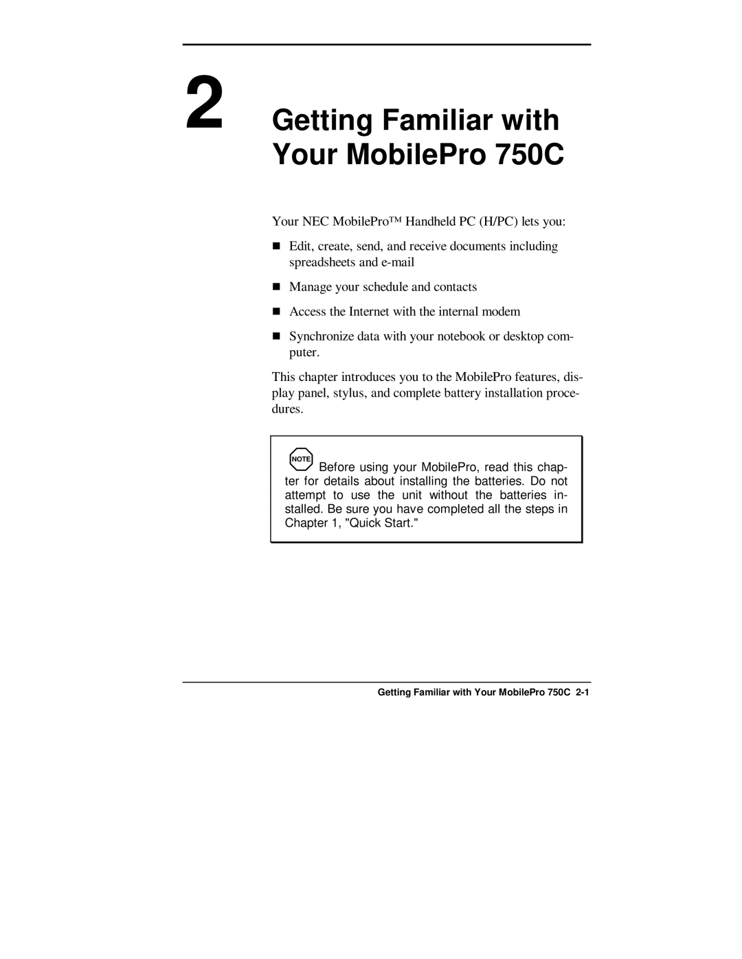 NEC manual Getting Familiar with Your MobilePro 750C 