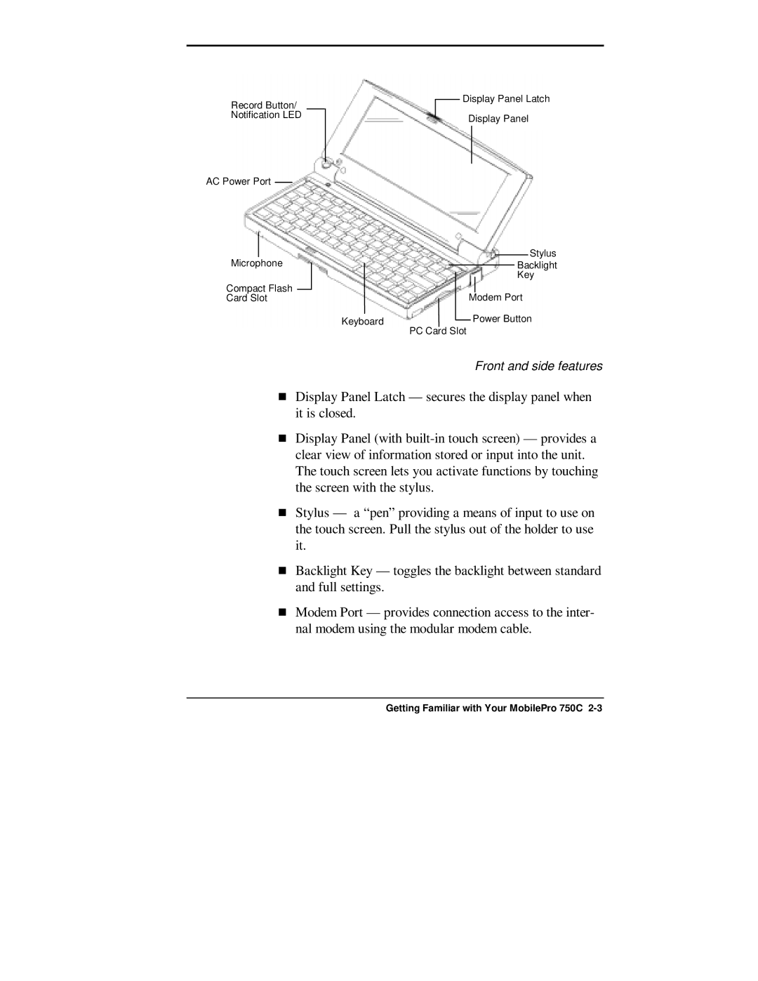 NEC 750C manual Front and side features 