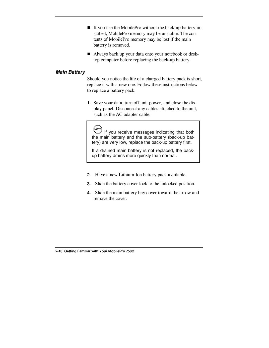 NEC 750C manual Main Battery 