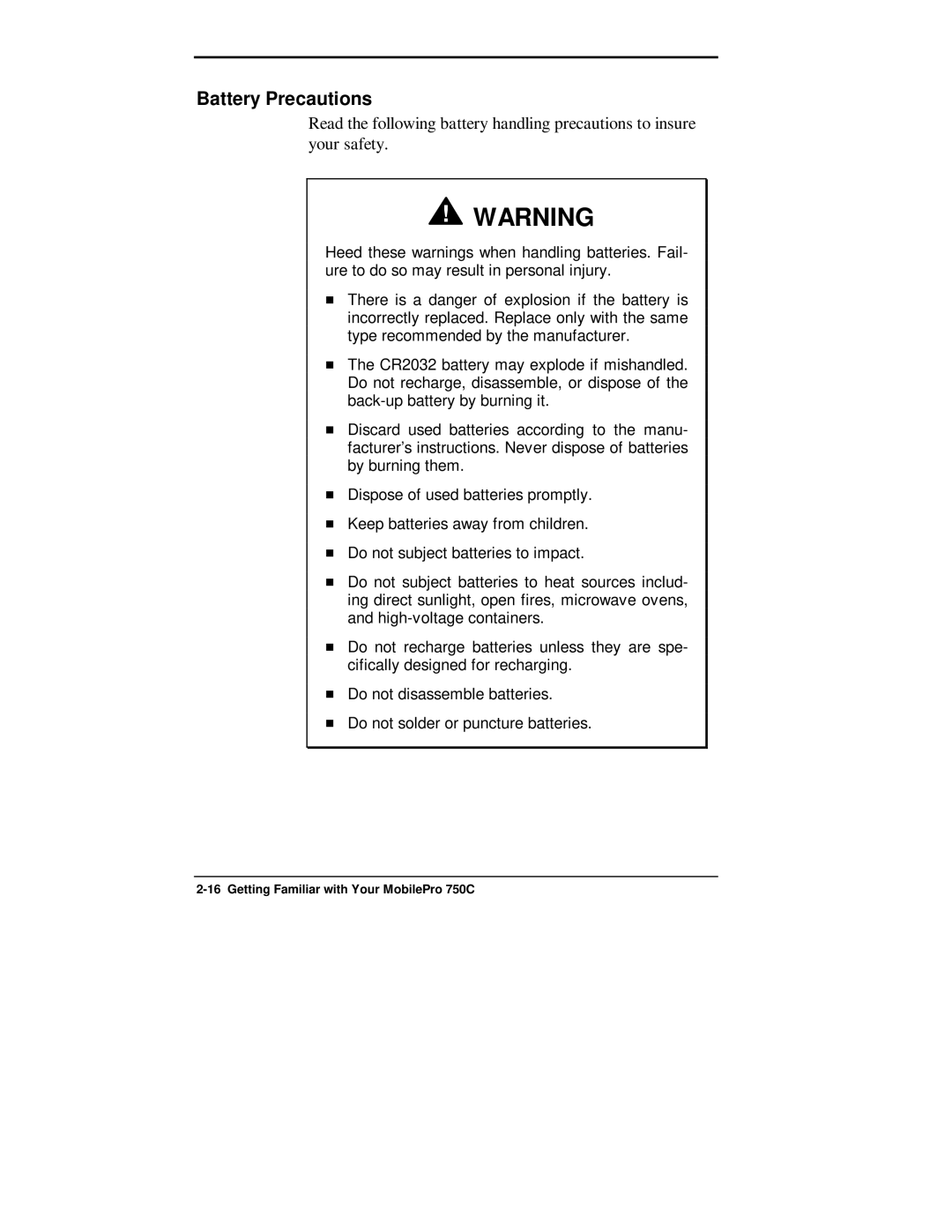 NEC 750C manual Battery Precautions 