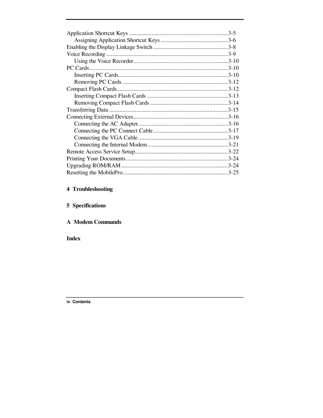 NEC 750C manual Troubleshooting Specifications Modem Commands Index 