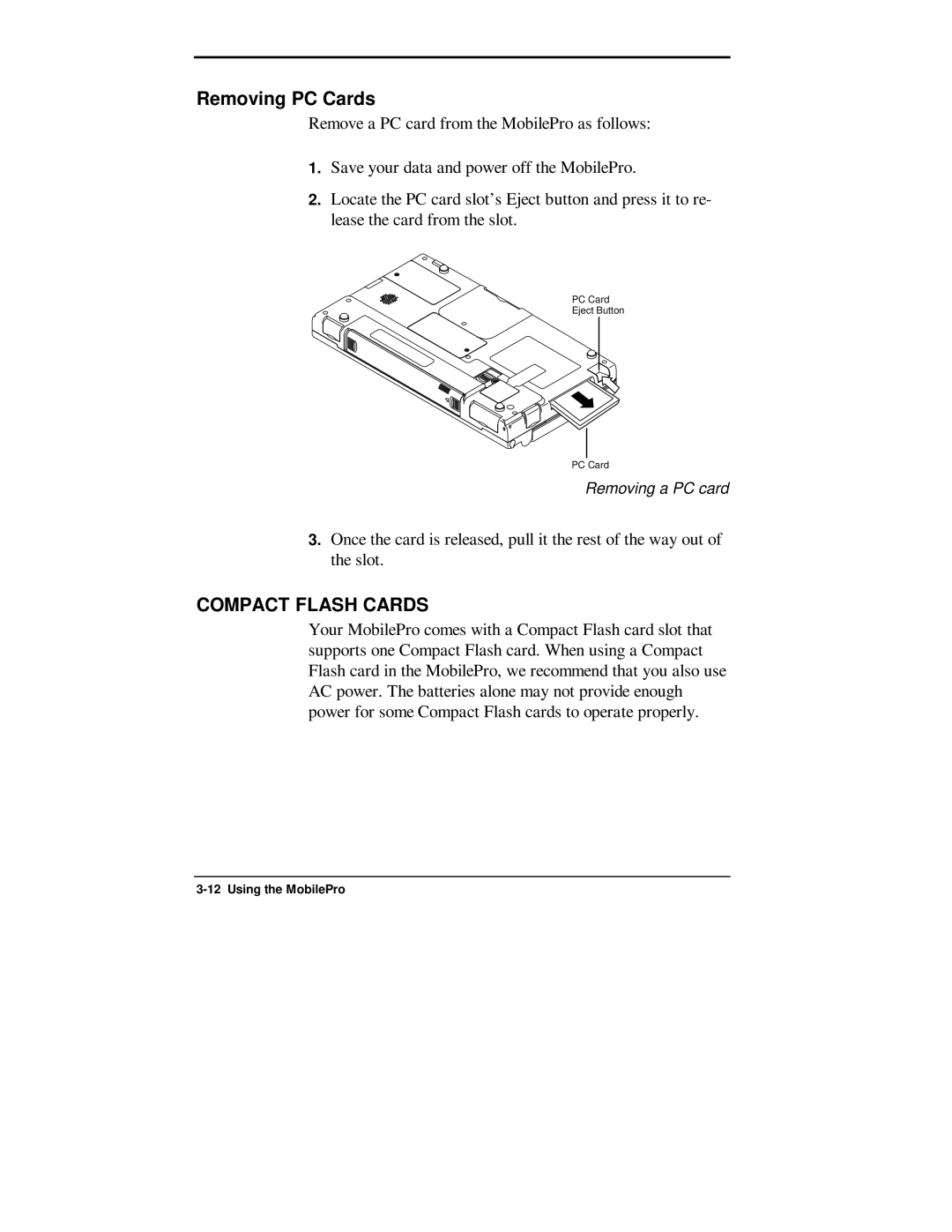 NEC 750C manual Removing PC Cards, Compact Flash Cards 