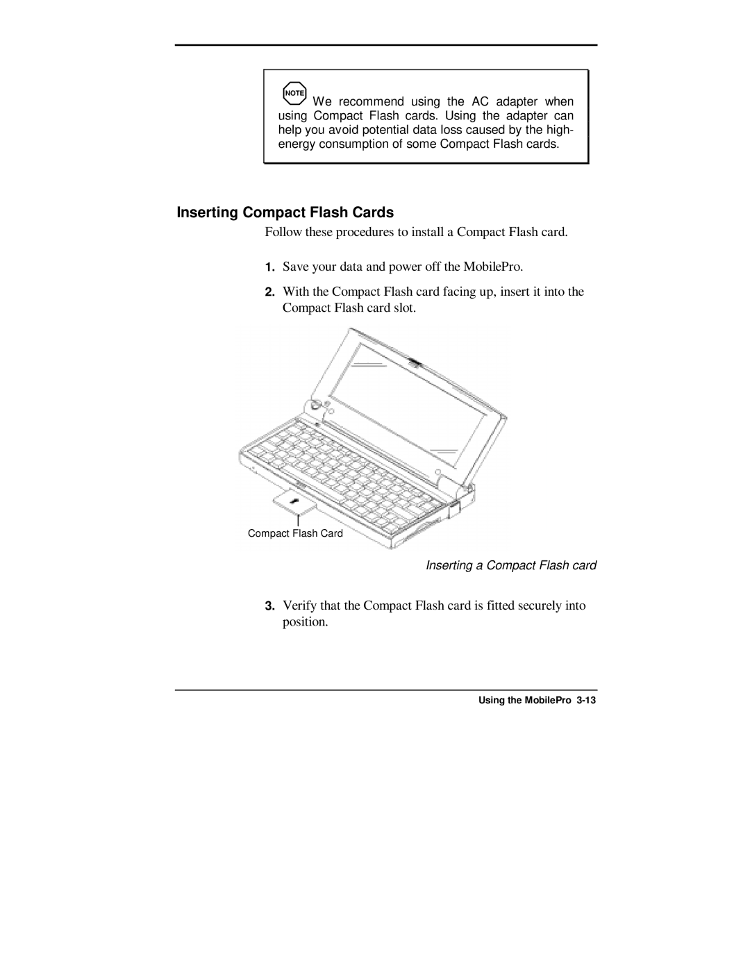 NEC 750C manual Inserting Compact Flash Cards 