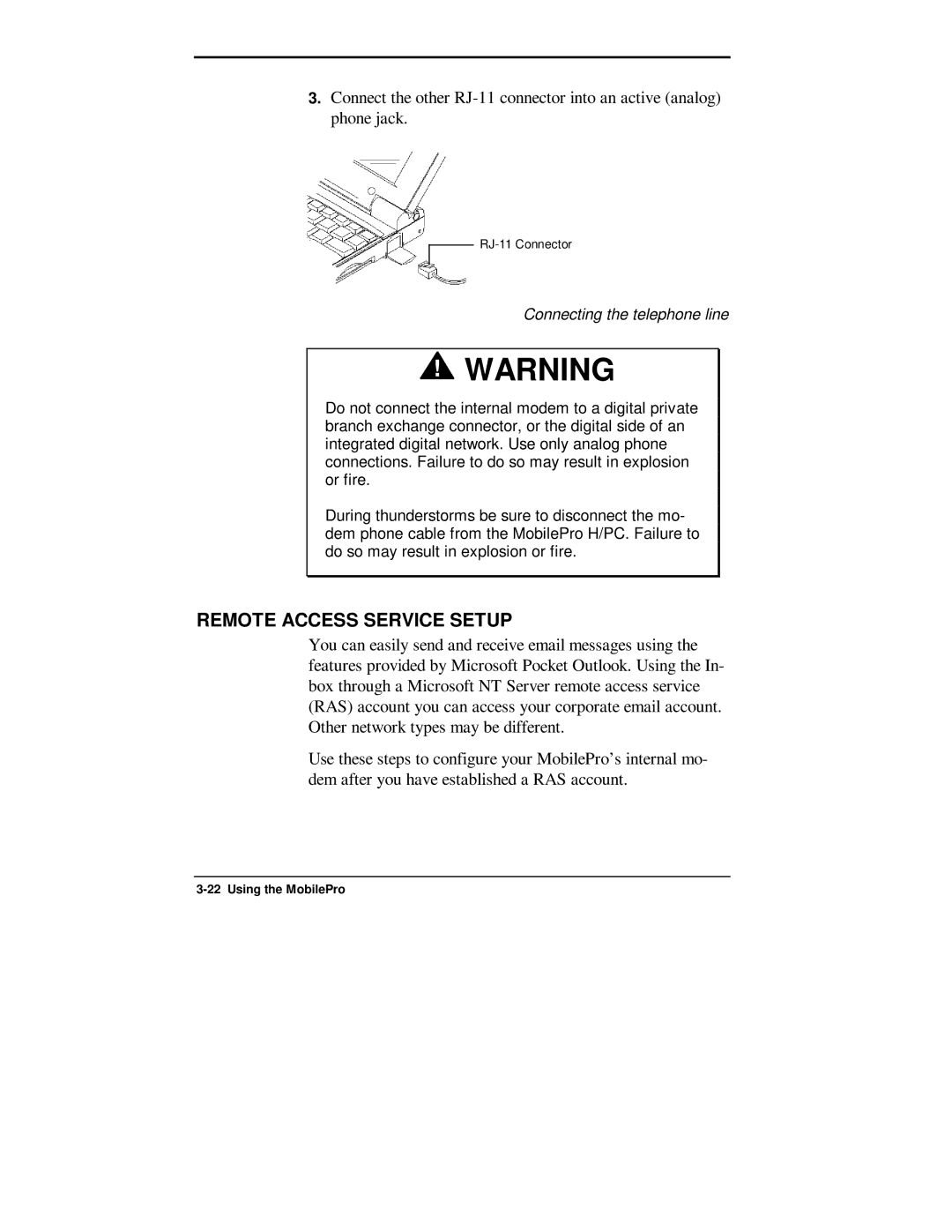 NEC 750C manual Remote Access Service Setup, Connecting the telephone line 