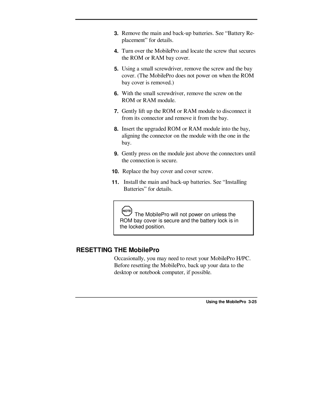 NEC 750C manual Resetting the MobilePro 