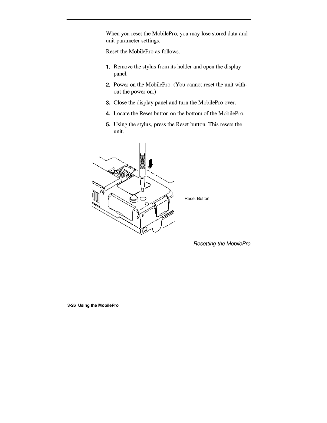 NEC 750C manual Resetting the MobilePro 