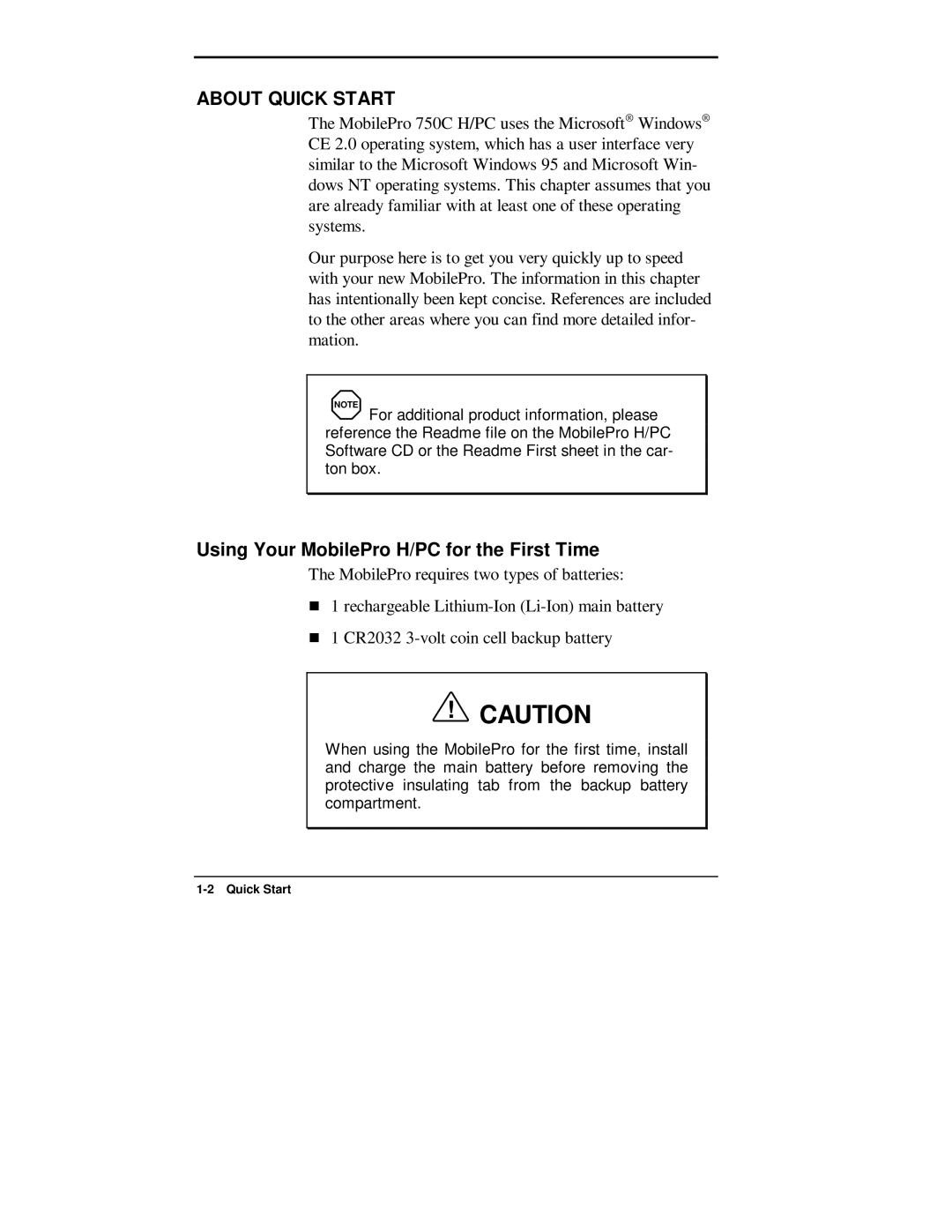 NEC 750C manual About Quick Start, Using Your MobilePro H/PC for the First Time 