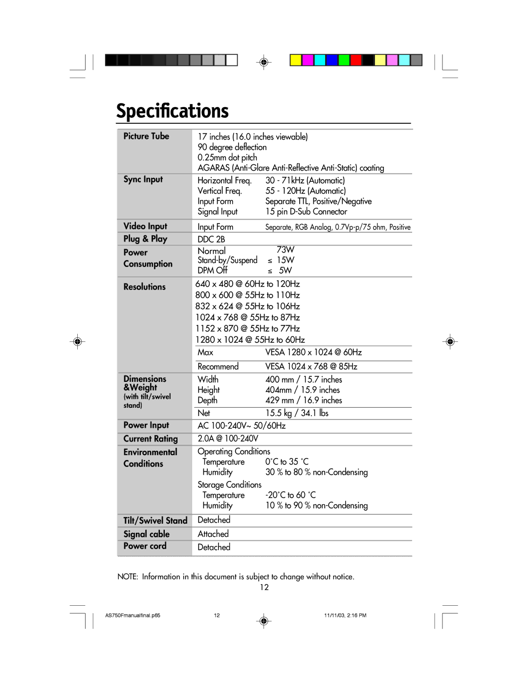 NEC 750F manual Specifications, DDC 2B 