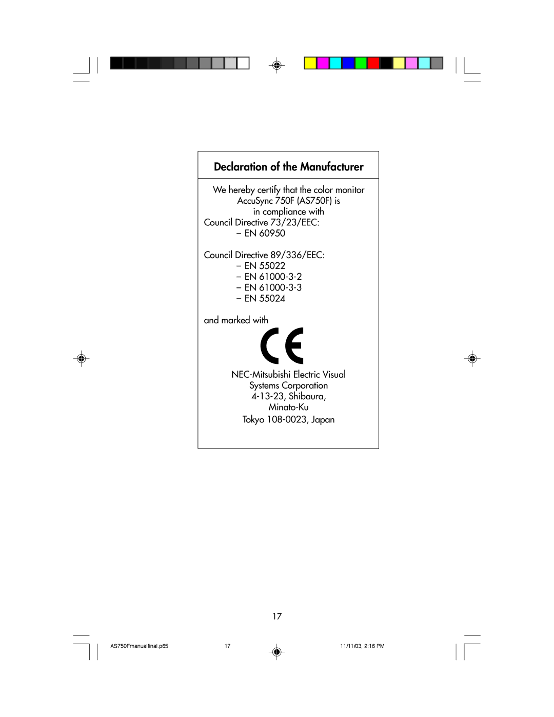 NEC 750F manual Declaration of the Manufacturer 