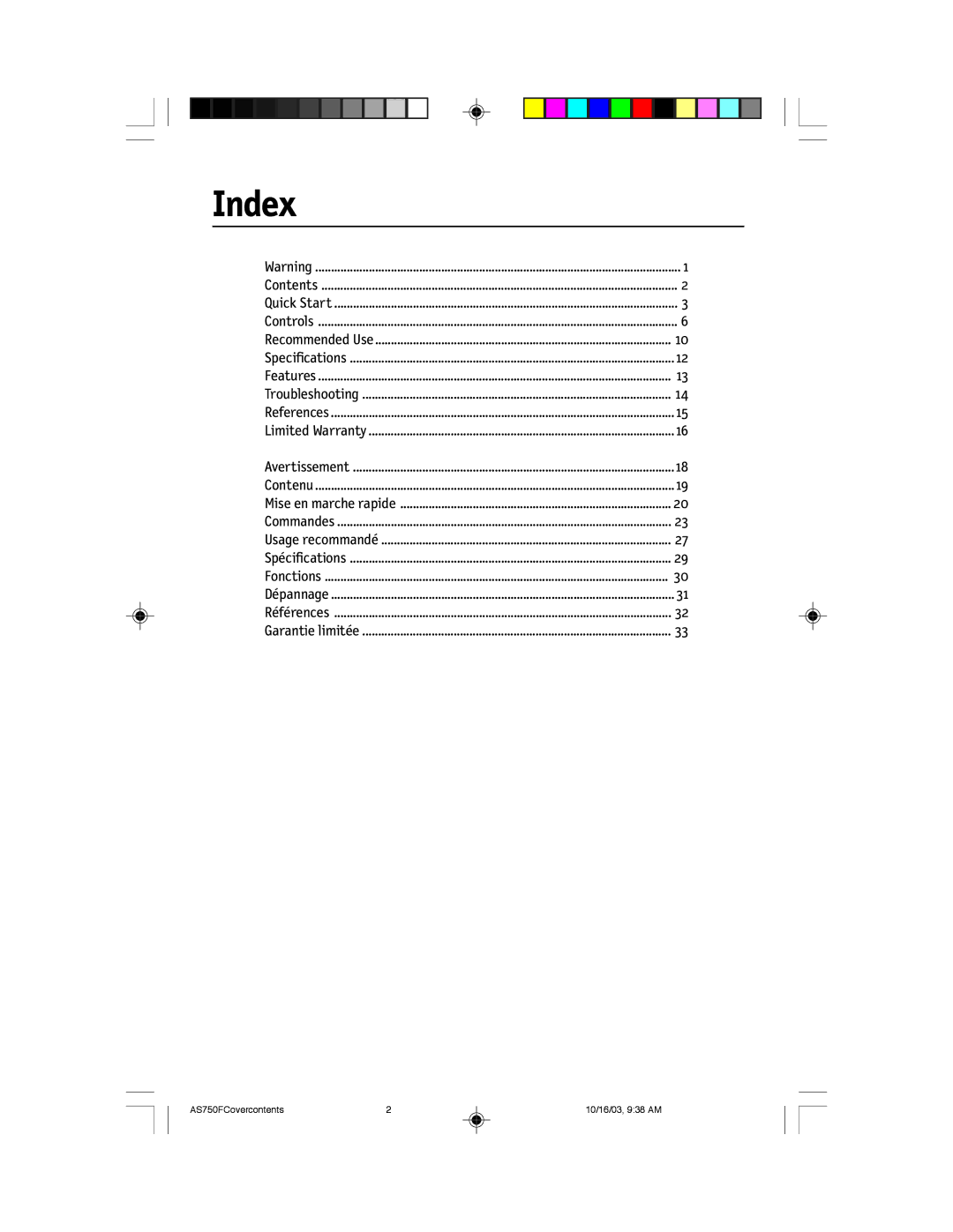 NEC 750F manual Index, Mise en marche rapide 