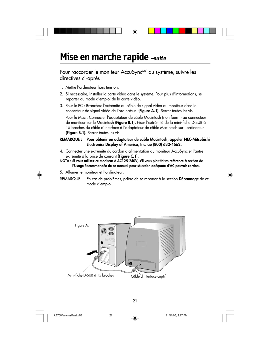 NEC 750F manual Mise en marche rapide -suite, Figure A.1 Mini-fiche D-SUB ˆ 15 broches 