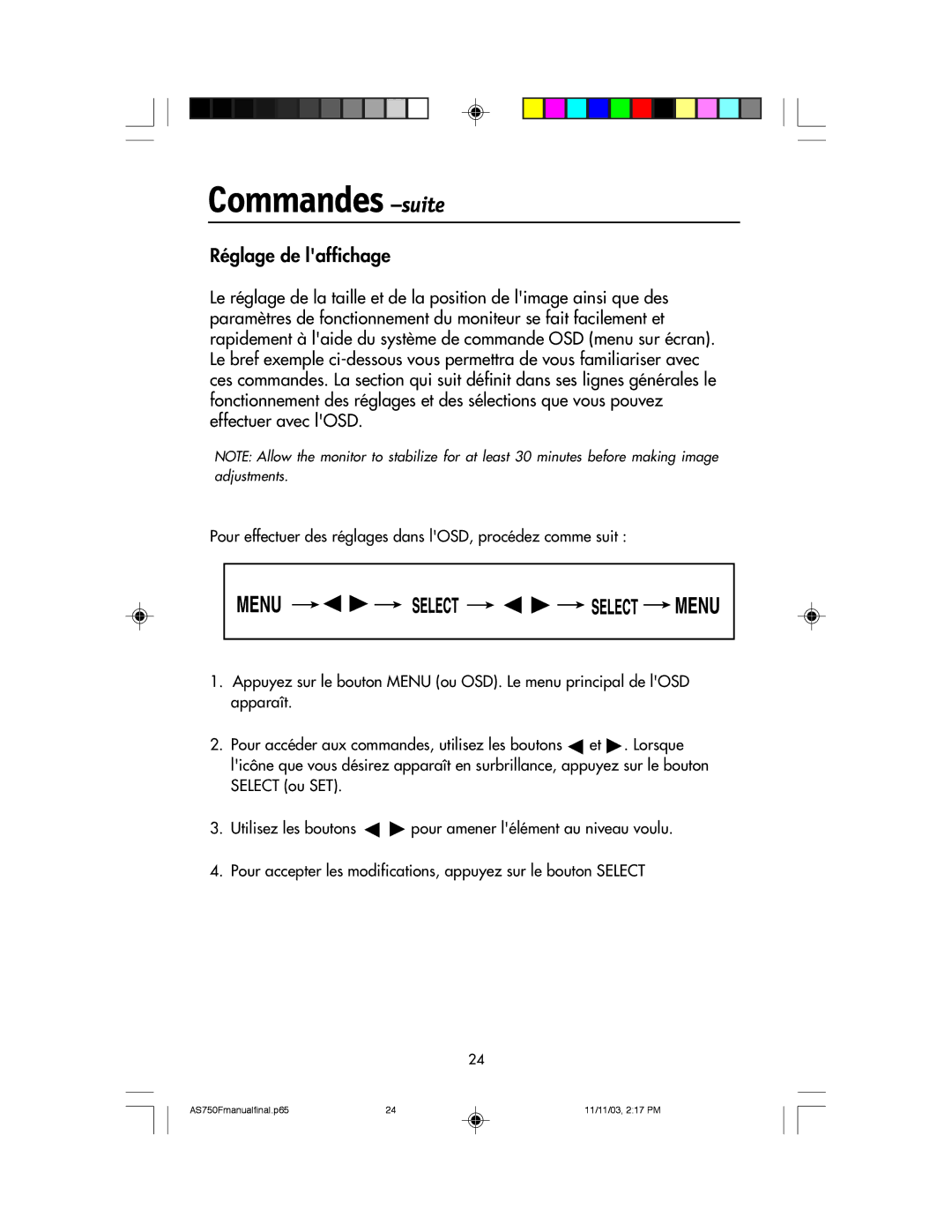 NEC 750F manual Commandes -suite, Réglage de laffichage 