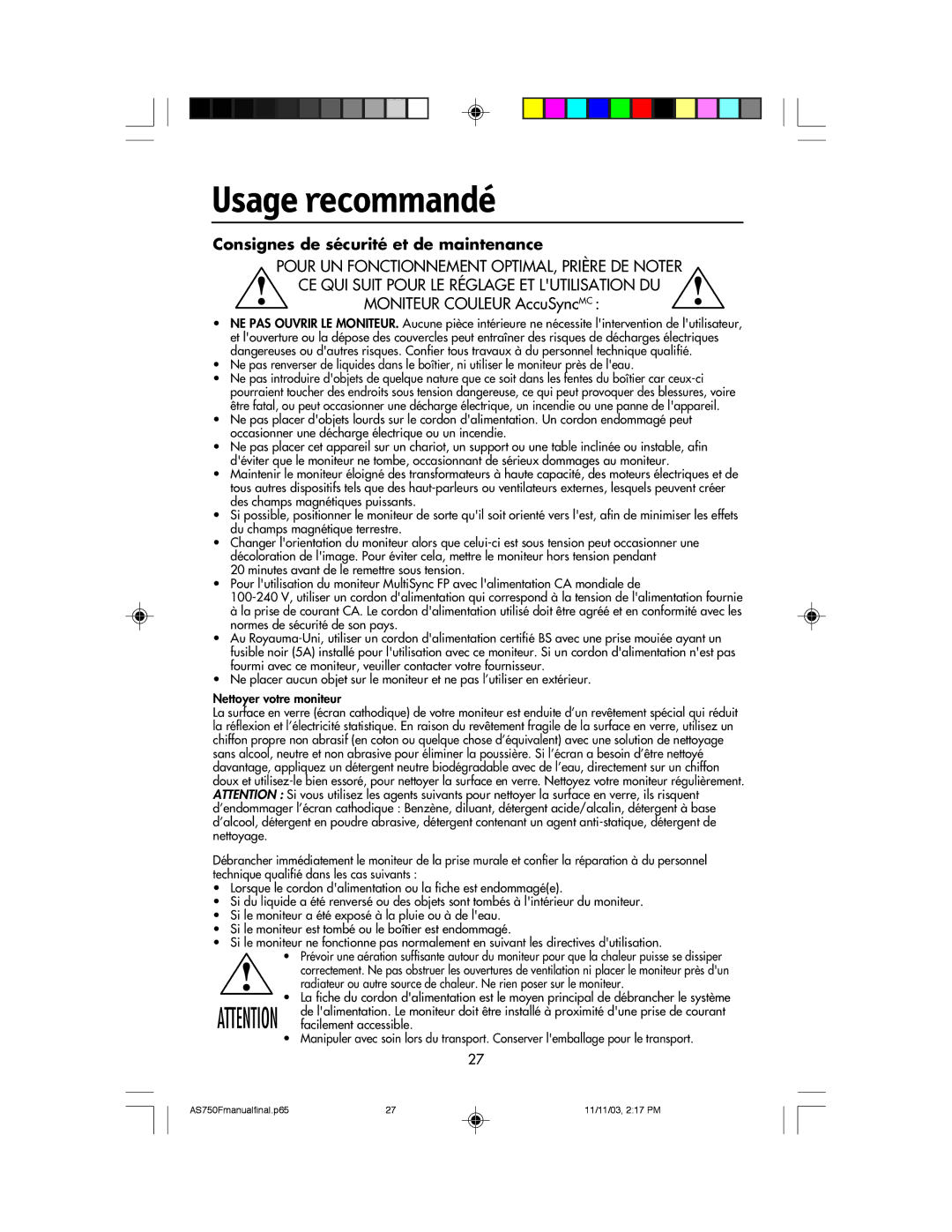 NEC 750F manual Usage recommandé, Consignes de sécurité et de maintenance 