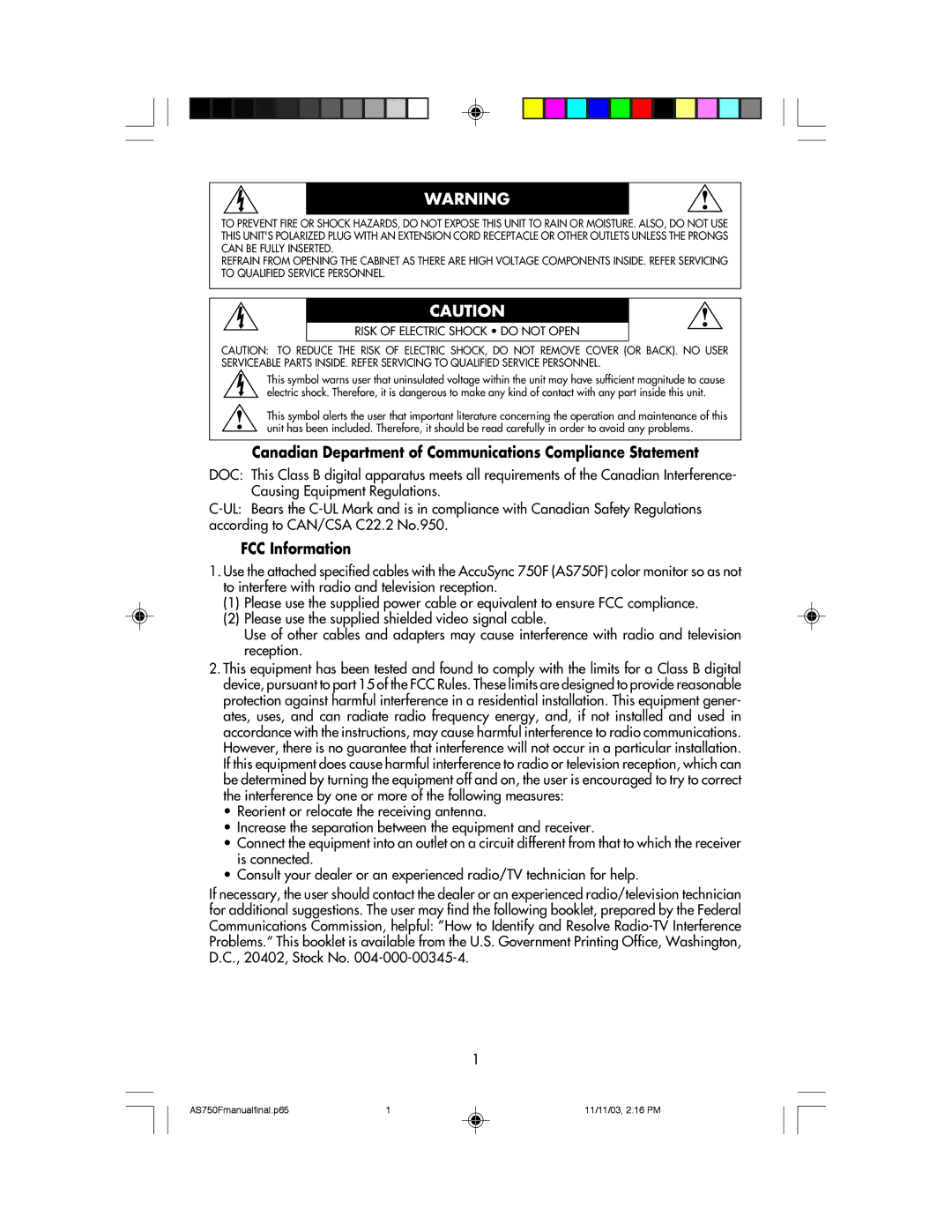 NEC 750F manual Canadian Department of Communications Compliance Statement, FCC Information 