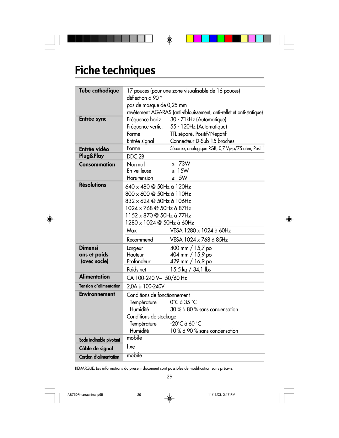 NEC 750F manual Fiche techniques 