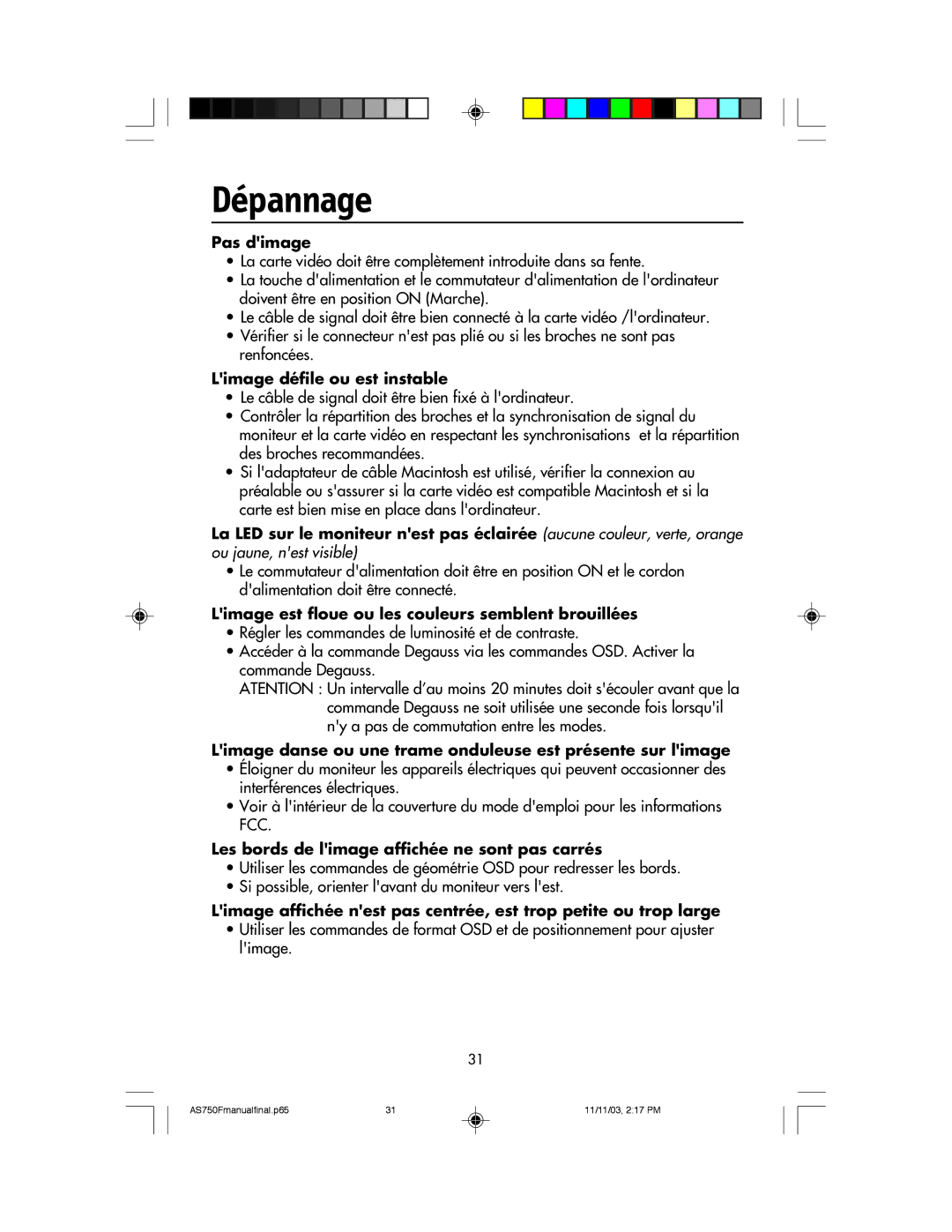 NEC 750F manual Dépannage 