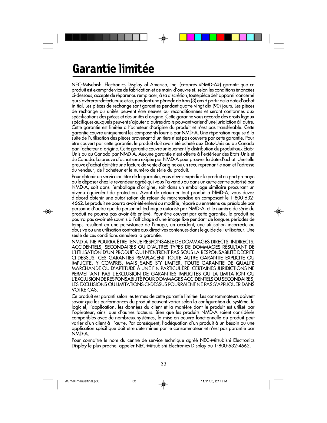 NEC 750F manual Garantie limitée 