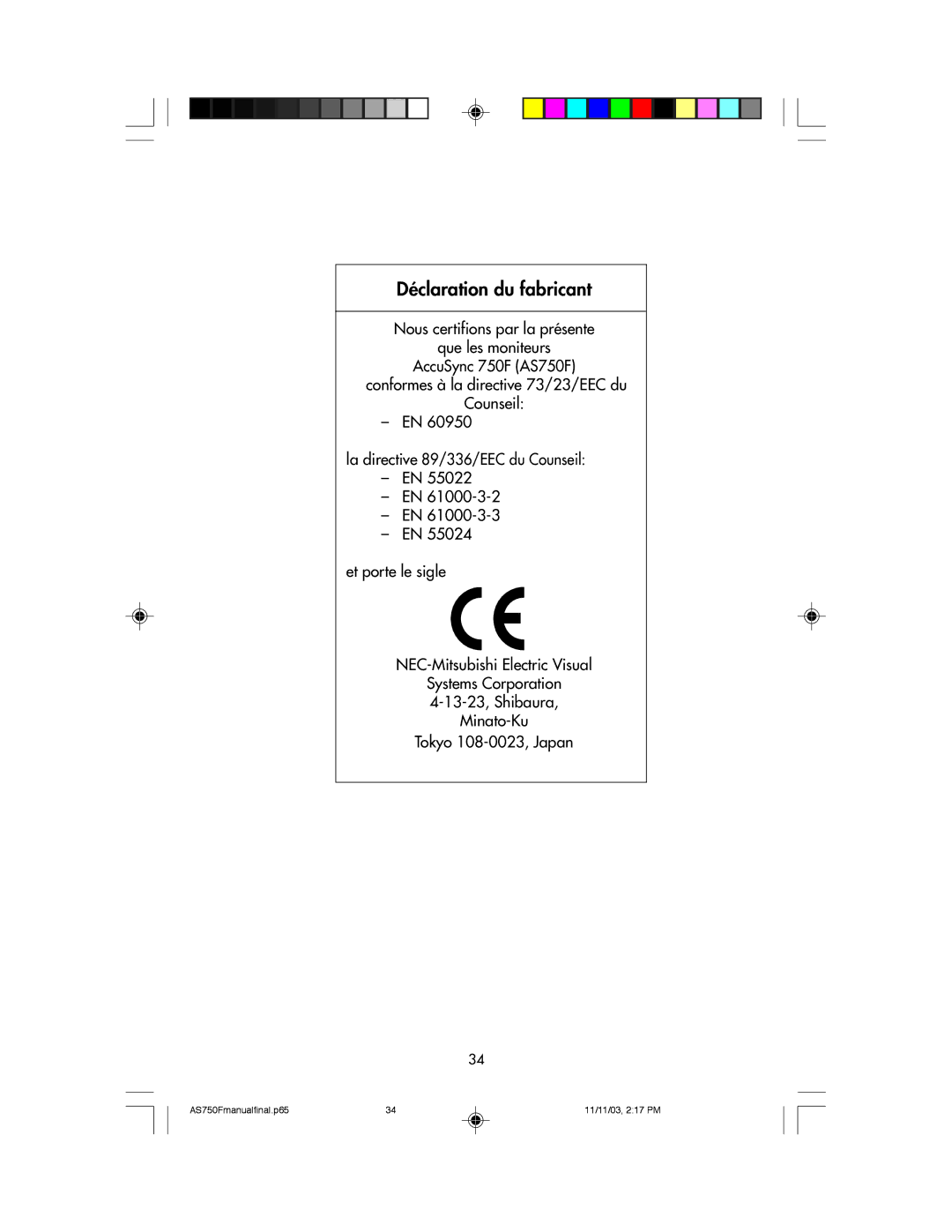 NEC 750F manual Déclaration du fabricant 