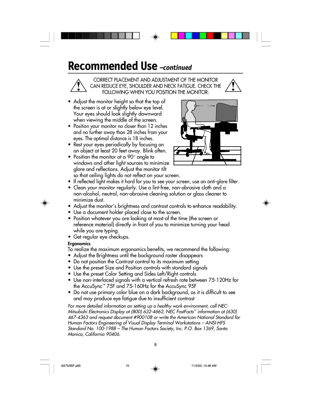 NEC 75F, 95F user manual Adjust the monitor height so that the top 