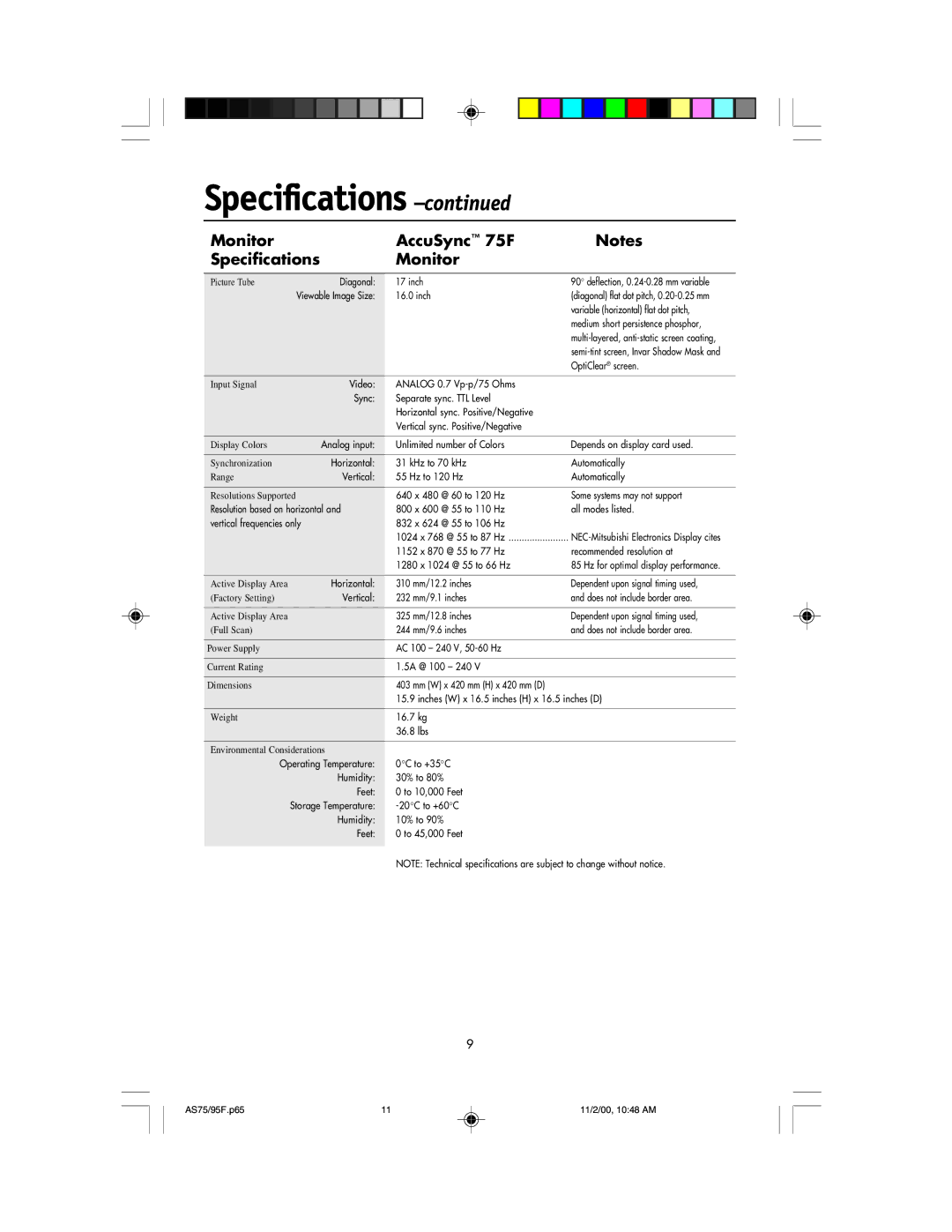 NEC 75F, 95F user manual Monitor AccuSync 75F Specifications 