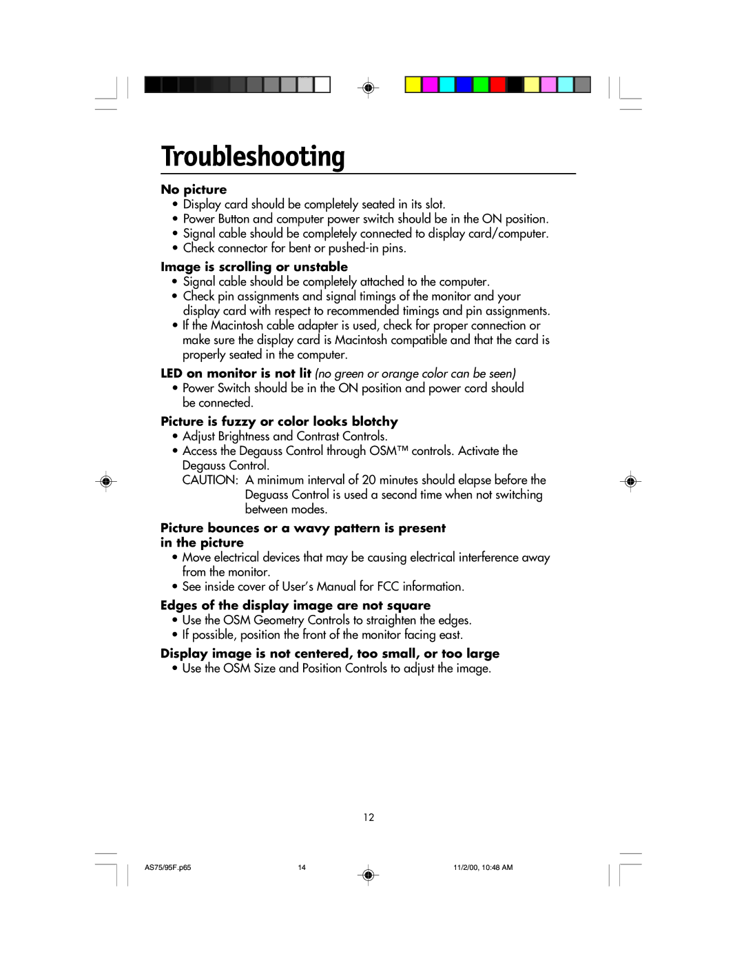 NEC 75F, 95F user manual Troubleshooting 