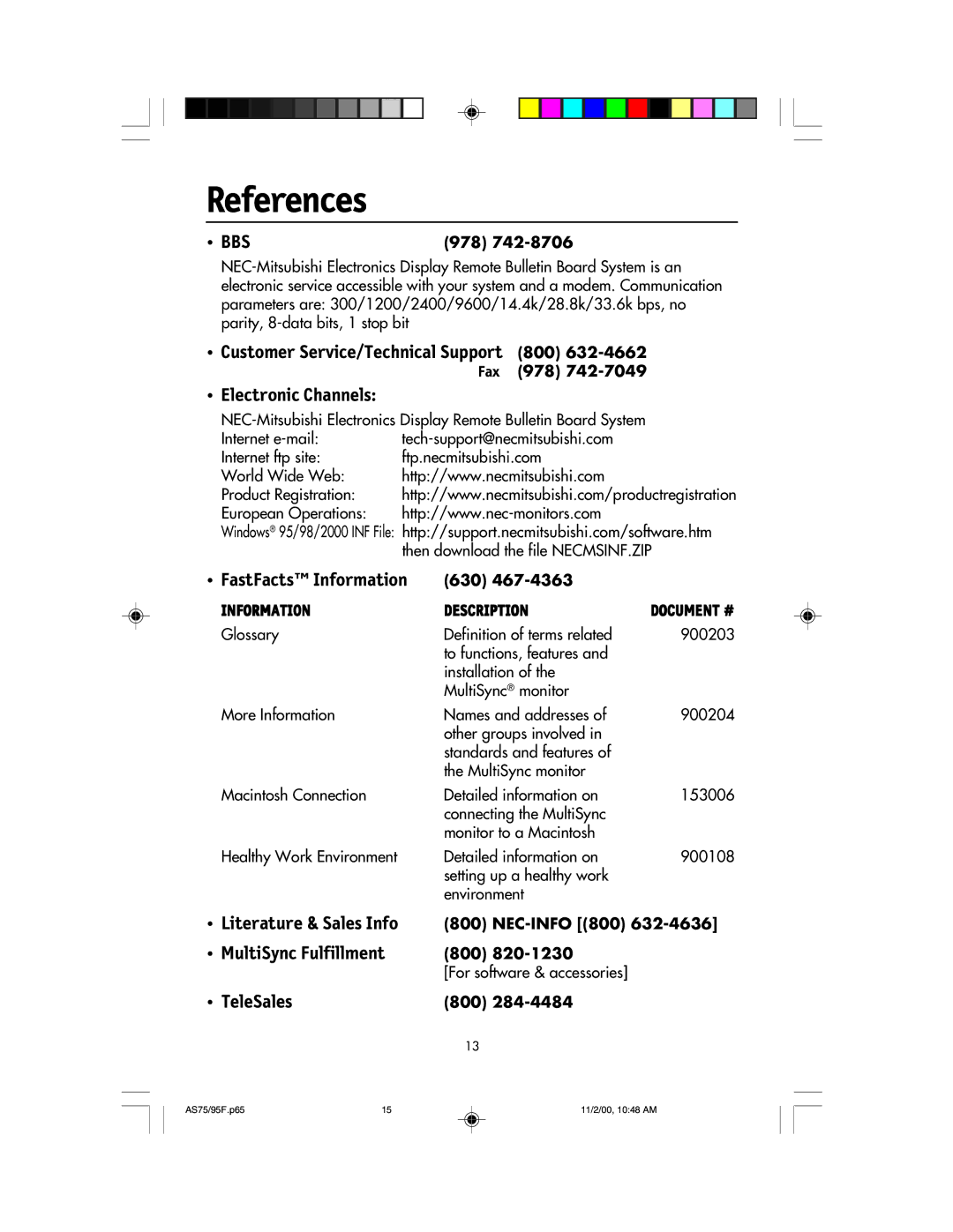 NEC 75F, 95F user manual References, 978, 630, NEC-INFO 800 