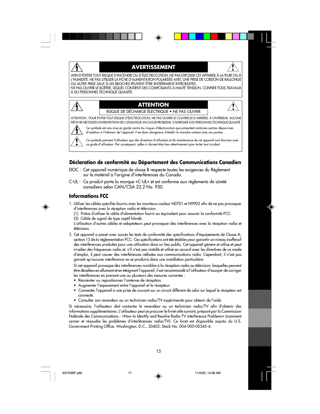 NEC 75F, 95F user manual Avertissement, Informations FCC 