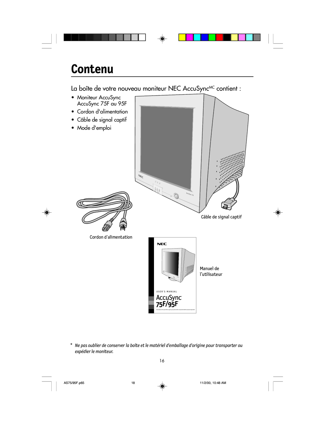 NEC 75F, 95F user manual Contenu, La boîte de votre nouveau moniteur NEC AccuSyncMC contient 