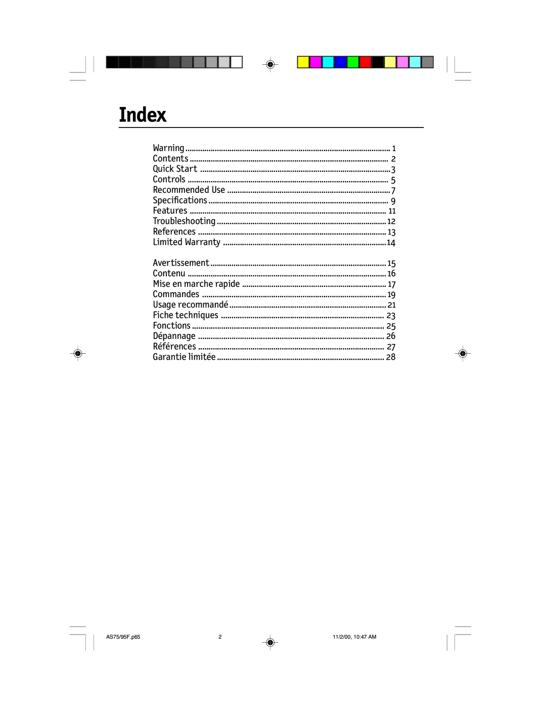 NEC 75F, 95F user manual Index 