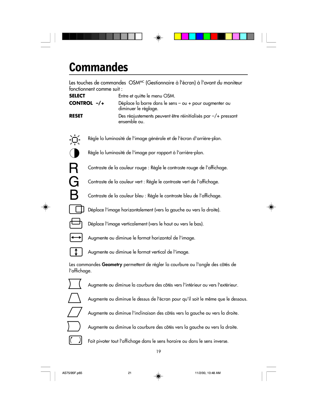 NEC 75F, 95F user manual Commandes, Reset 