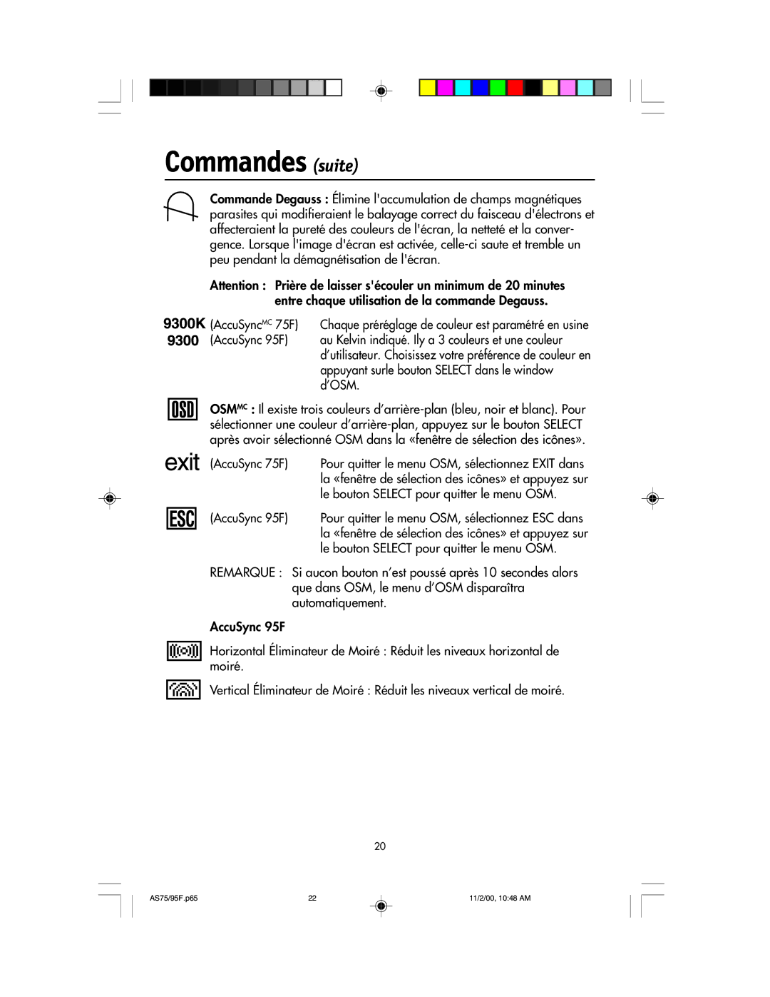 NEC 75F, 95F user manual Commandes suite 