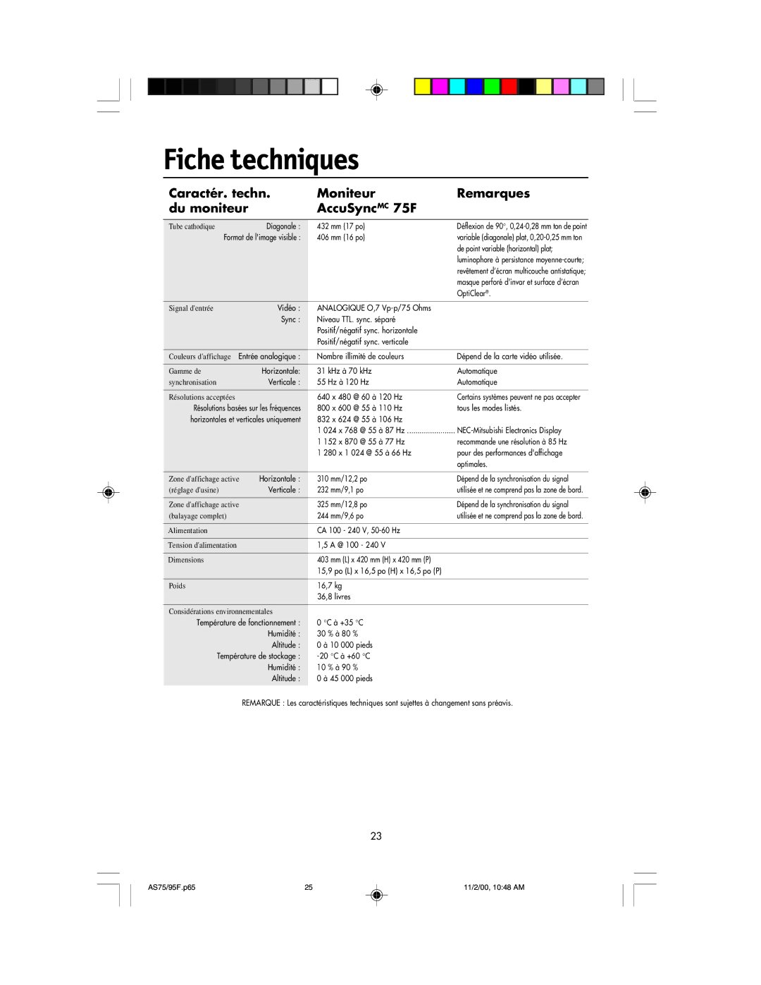 NEC 75F, 95F user manual Fiche techniques, De point variable horizontal plat 