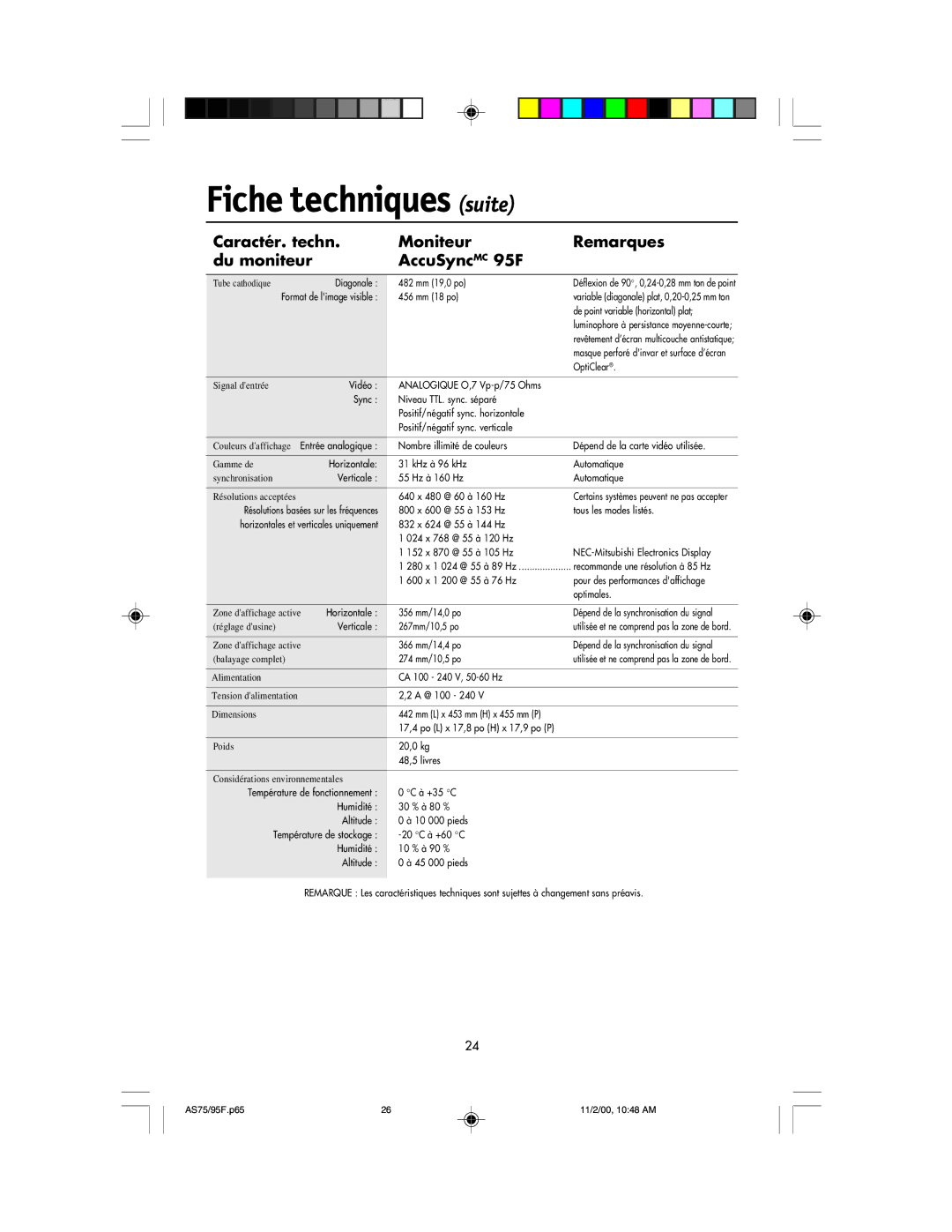 NEC 75F, 95F user manual Fiche techniques suite 