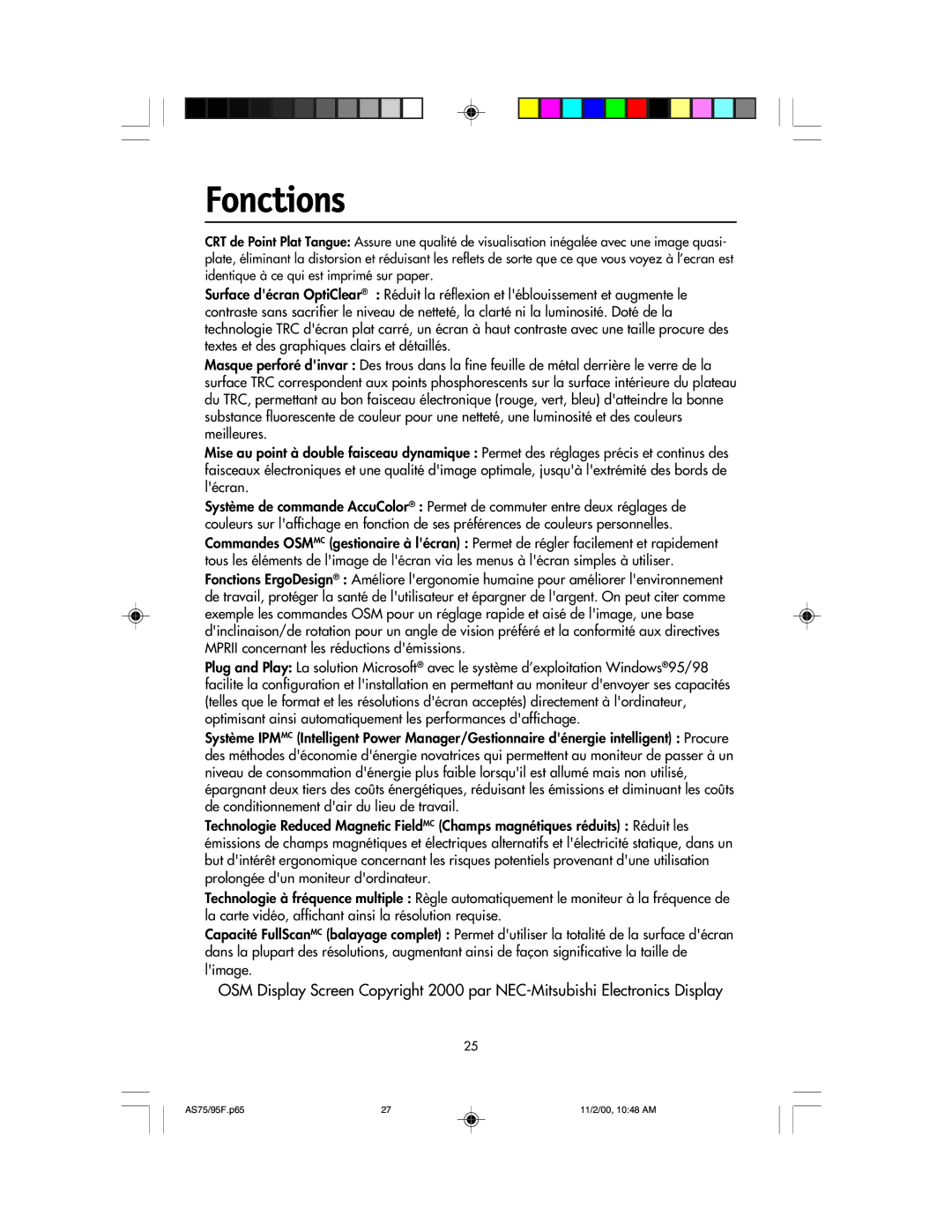 NEC 75F, 95F user manual Fonctions 