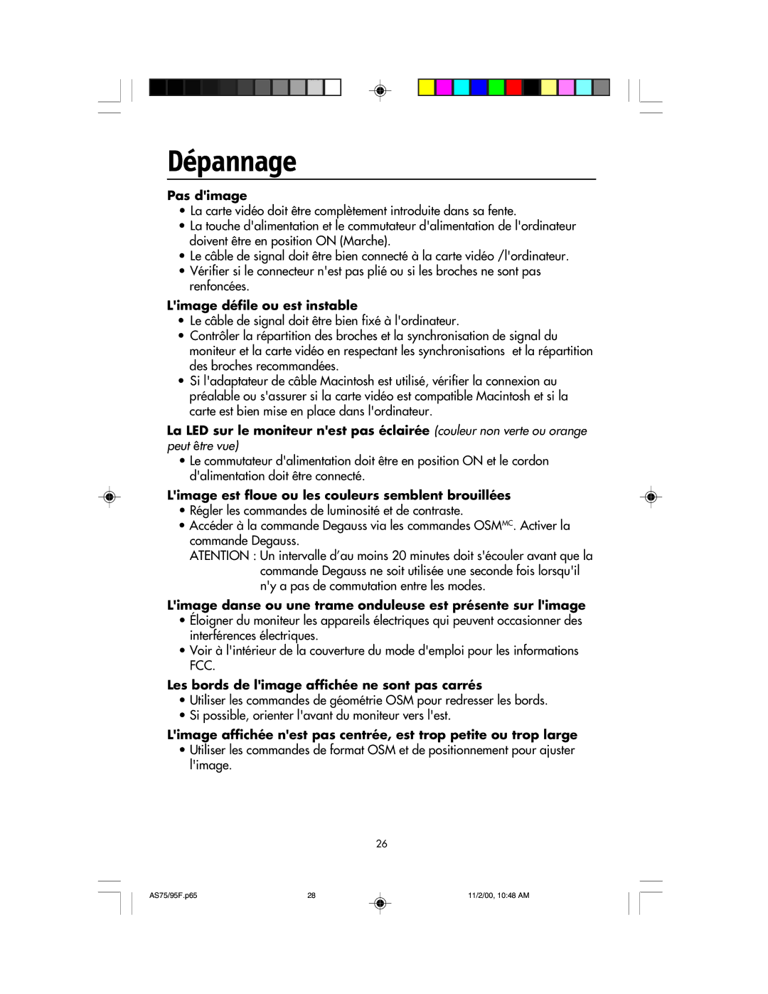 NEC 75F, 95F user manual Dépannage 